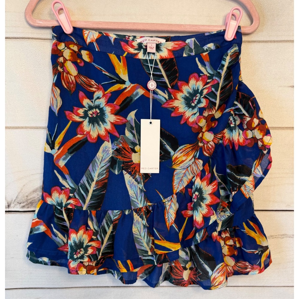 Red Carter Tropical Floral Ruffle Mini Skirt Blue Orange Small NEW